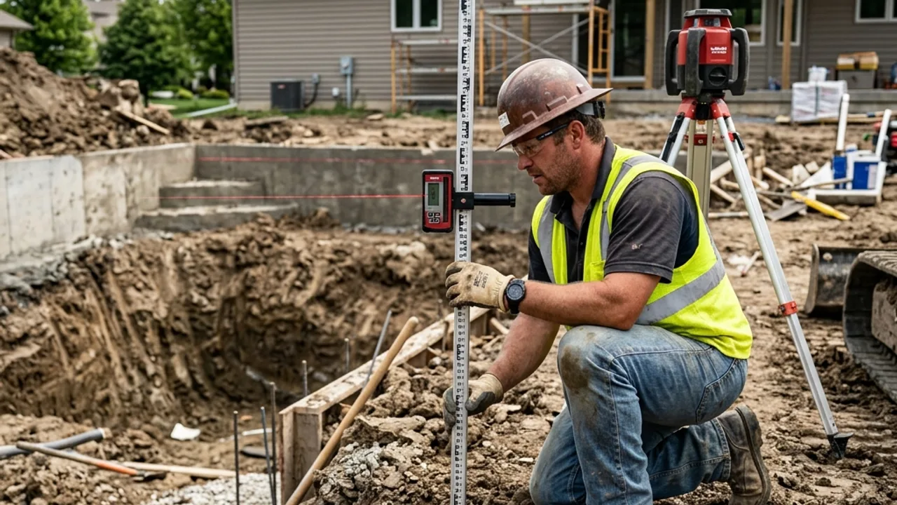 Builder measuring levels on a residential pool site